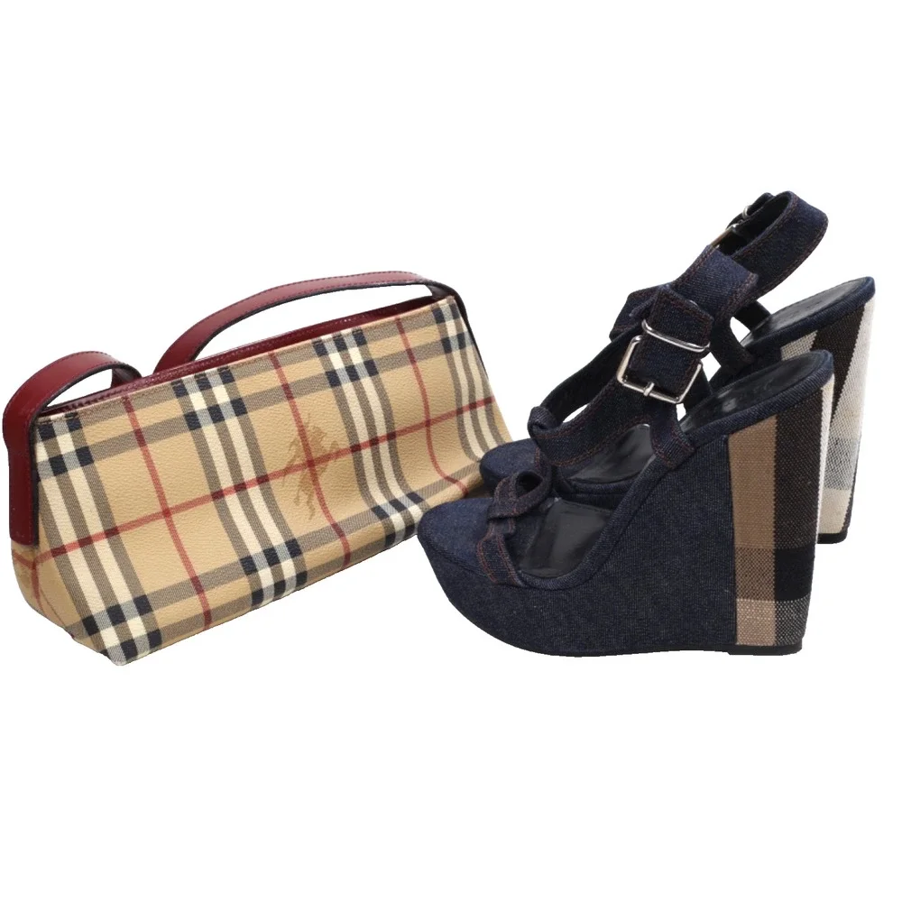 Burberry Navy Denim Buckle Ankle T-Strap Wedge Sandals Designer Shoes Size 38.5 - Picture 16 of 16